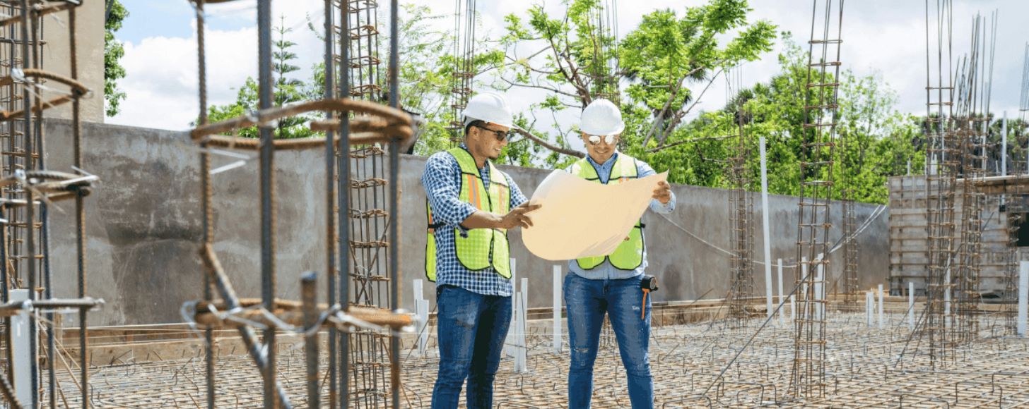 construction managers reviewing blueprints for project