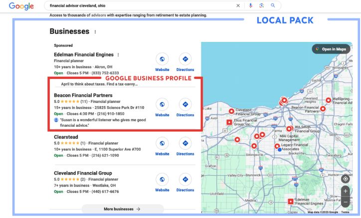 Local SEO search results example for financial advisors