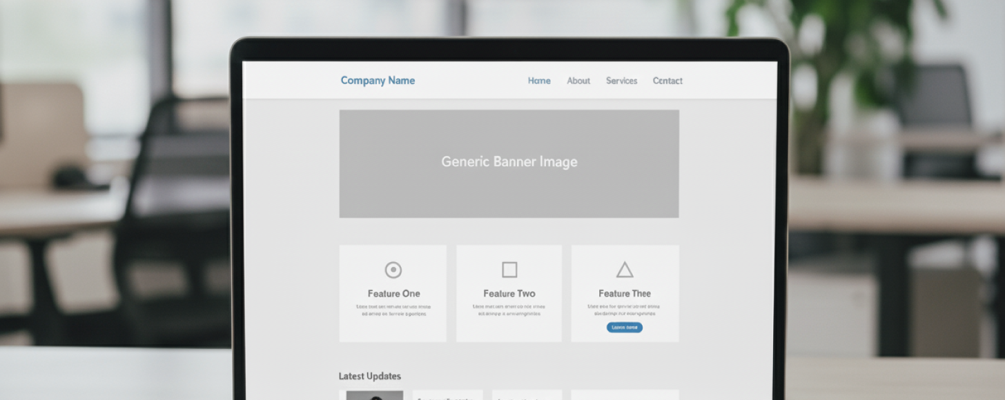 Screenshot of a generic financial advisor website template with placeholder banner and repetitive feature sections, highlighting SEO-unfriendly design.